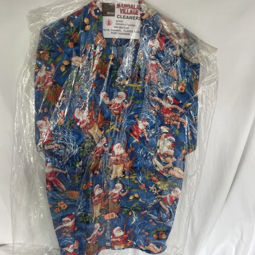 YO WEAR USA Large Surfin' Hula Santa Claus Hawaiian S/S Shirt 100% Cotton
